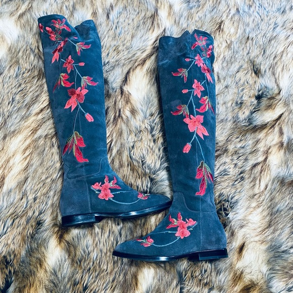 Ash Shoes - ASH OVER THE KNEE GREY SUEDE EMBROIDERED PINK/RED FLOWERS BOOTS FLAT